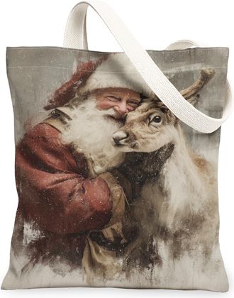 Generic Christmas Reindeer Canvas Tote Bags, Vintage Santa Claus Design Lightweight Washable Shoulder Strap Shopping Bags for Holid, Brown, 13x15 Inch