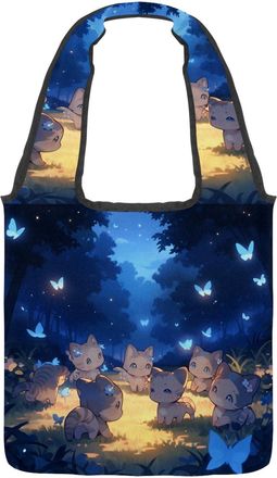 Generic Colorful Cartoon Kitten Reversible Canvas Shoulder Tote - Double-Sided Print, 12oz Cotton, 27cm Drop, Fold-Flat Bag for Travel, Shopping, Street Outin