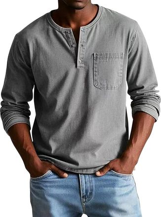 Generic Acid Wash Tshirt Men Mens Henley Shirts Long Sleeve V Neck Distressed Rugby Polo Sweatshirt Fall Winter Big and Tall Pullover T-Shirt Mens Waffle Knit