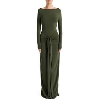 Naked Wardrobe Tie Waist Long Sleeve Maxi Dress in Dark Olive at Nordstrom Rack, Size X-Small