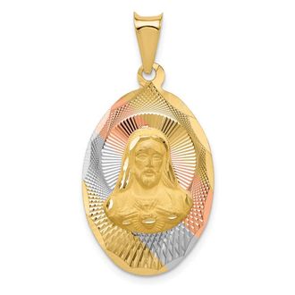 Diamond2Deal 14k Yellow Gold Rose White Rhodium Diamond-Cut Sagrado Corazon Oval Pendant