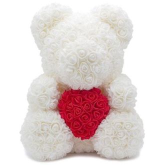 Trade Shop Trade Shop - Oso De Peluche Rose Oso Con Flores Blancas De 40 Cm Con Coraz&oacute;n Rojo
