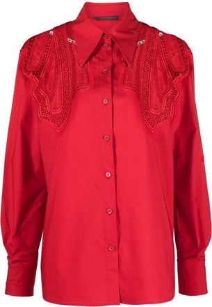 Alberta Ferretti macram&eacute;-panelling cotton shirt - women - Cotton/Spandex/Elastane - 40 - Red