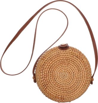 Frcolor Fashion Round Straw Handbag Woven Tote Bag with Leather Buckle Summer Shoulder Messenger Bag for Women Beach Picnic and Daily Use Beige Vintage Style