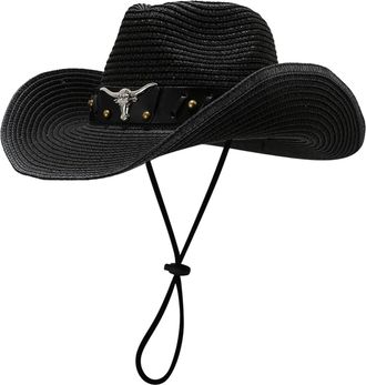 Generic 2025- Straw Cowboy Womens Hat Sun Hats Beach Hat with Strings (Black, One Size)