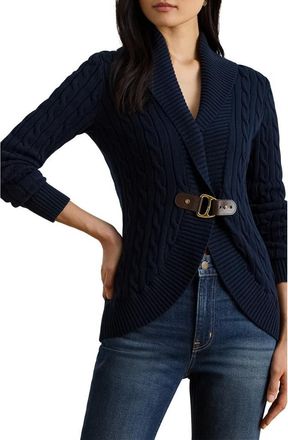 Lauren Ralph Lauren Buckle Cable Stitch Cotton Cardigan in Lauren Navy at Nordstrom, Size X-Large