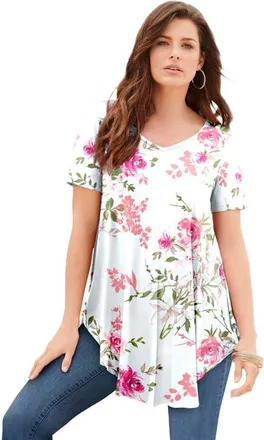 Roaman's Plus Size Ultra Drape V Neck Swing Tunic Top in White Romantic Rose at Nordstrom, Size 12