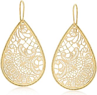 Ross-Simons Italian 14kt Yellow Gold Floral Embroidery Teardrop Earrings
