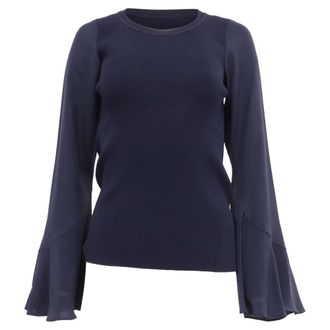 Sandro Sandro Ribbed-Knit Bell-Sleeved Blouse in Navy Blue Viscose