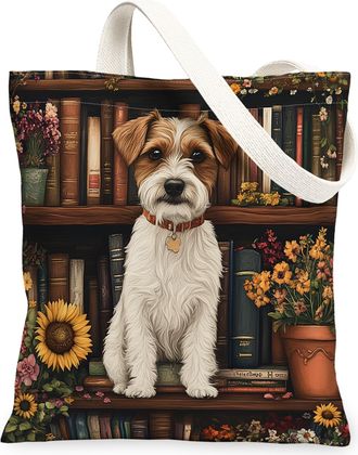 Generic Spring Russell Terrier Dog Canvas Tote Bag for Shopping 13x15, Flower Bookshelf Puppy Reusable Grocery Print Bag for Women, Fun Pet Beach Aesthetic Pa