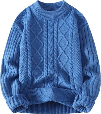 Generic Sweaters for Men UK Chunky Knitted Jumpers Crew Neck Long Sleeve Pullover Cable Twist Knitwear Fleece Thick Warm Jumper Stylish Streetwear Casual Swea