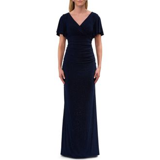 La Femme Flutter Sleeve Rhinestone Embellished Evening Dress in Navy at Nordstrom, Size 18