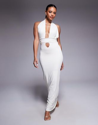 Aria Cove Vestito lungo aderente bianco con dettaglio avvolgente e scollo profondo sul retro