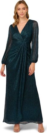 Adrianna Papell Womens Metallic Mesh Draped Gown - Blue - Size 8 UK