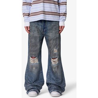 mnml Rhinestone Ripped Kick Flare Jeans in Blue at Nordstrom, Size 32