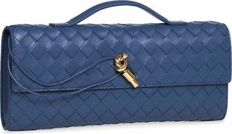Bottega Veneta Womens Top Handle Clutch Andiamo Blue Lambskin Handbags Hand Bags