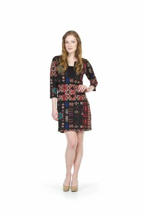 Papillon Aztec Print 3/4 Sleeve Dress In Burgundy