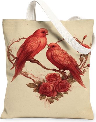 Generic Birds and Roses Canvas Tote Bags, Floral Design Reusable Grocery Bags, Spring Vintage Chic Washable Shoulder Strap Canvas F, Red, 13x15 Inch