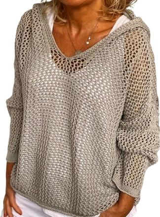 Generic Womens Hollow Out Crochet Sweater Long Sleeve See Through V Neck Drop Shoulder Knit Pullover Tops (Grey,S)
