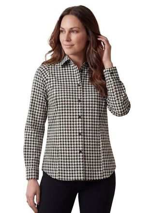 Jessica London Stretch Cotton Poplin Button Down Shirt in Black Houndstooth at Nordstrom, Size 22
