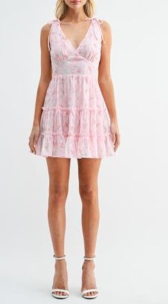 Lush Floral Print Embroidered Tiered Minidress in Pink Floral at Nordstrom Rack, Size X-Large