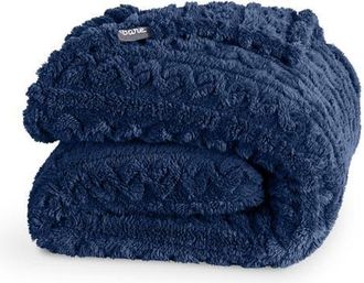 Bare Home Cable Faux Shearling Throw Blanket in Dark Blue at Nordstrom