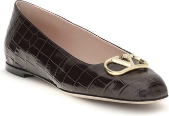 Valentino Garavani Womens Vlogo Signature Croc-Effect Ballerinas Oak Brown Flat Shoes