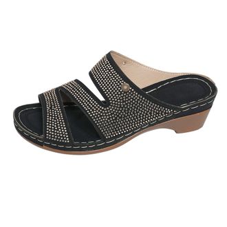 Generic Womens Mid Block Heels Ladies Sandals Slip-On Smart Diamante Sliders Womens Open Back Slip On Mules Chunky Mid Heels Sliders Cut Out Diamond Sandal Ou