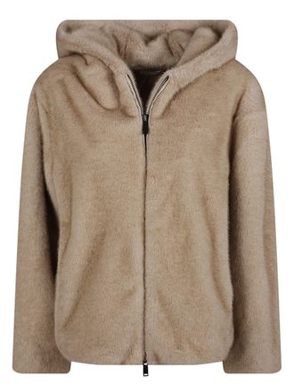 P.A.R.O.S.H. Plush Faux Fur Jacket with Front Zipper and Hood
