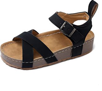 Generic 2025 Summer Women Sandals European Fashion Casual Comfort Thick Platform Sole Versatile Outdoor Walking Footwear (Black, 4.5)