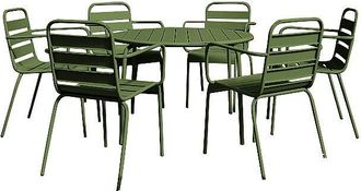 Vente-Unique Comedor de jard&iacute;n de metal - Mesa redonda D.130cm y 6 sillones apilables - Verde caqui - MIRMANDE de MYLIA