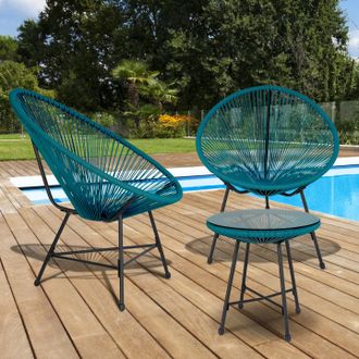IDMarket Izmir Muebles De Jard&iacute;n - Mesa Y 2 Sillones - Pato Azul Cuerda Huevo