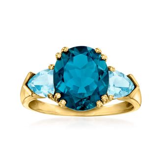 Ross-Simons Tonal Blue Topaz 3-Stone Ring in 14kt Yellow Gold