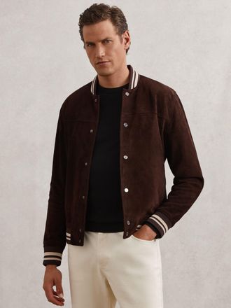 Reiss Chocolate Brown Suede Stripe-trim Bomber Jacket, XL