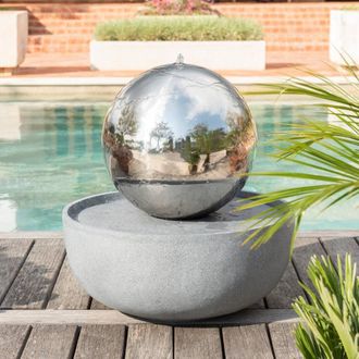 PRIMROSE Eclipse Sphere Stainless Steel Water Feature with Lights 76cm in Metallic Silver