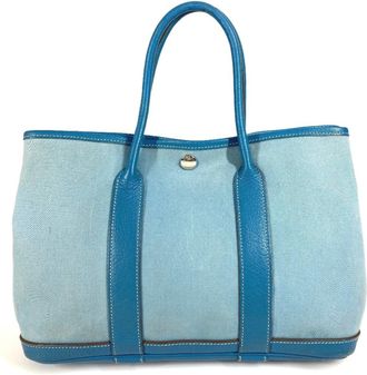 Herm&egrave;s Garden Blue Toile Officier Leather Handbag Tote Bag (Pre-Owned)