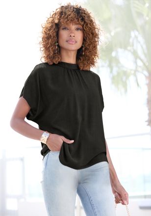 Lascana Kurzarmbluse LASCANA, Damen, Gr. 34, schwarz, Web, Obermaterial: 100% Viskose, unifarben, figurumspielend h&uuml;ftlang, weit, Blusen Kurzarmbluse, in lock