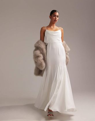 Asos cowl neck satin cami maxi wedding dress with flare panels in white