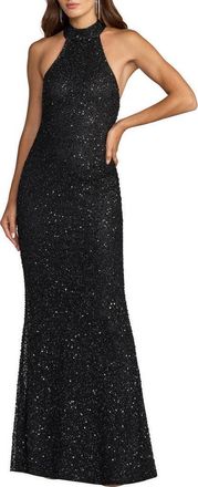 Mac Duggal Halter Neck Open Back Beaded Column Gown in Black at Nordstrom, Size 10