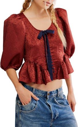Free People Pamela Embroidered Bow Crop Top in Spiced Rum at Nordstrom, Size X-Small