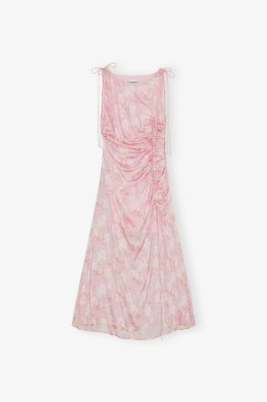 Ganni Pink Printed Satin Gathered Dress - Size 10/12 Viscose