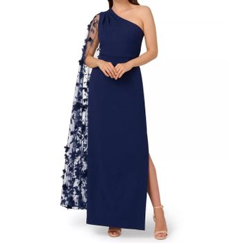 Aidan Mattox One Shoulder Floral Cape Sleeve Dress In Navy