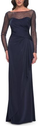 La Femme Sleek Long Evening Dress with Ruching and Illusion Top in Navy at Nordstrom, Size 14