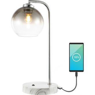 Jonathan Y Designs Ada 20 Industrial Contemporary Iron/Glass LED Task Lamp with USB Charging Port, Chrome/Smoke Gray at Nordstrom