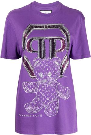 Philipp Plein Teddy bear-print cotton T-shirt - women - Cotton/Elastane - L - Purple