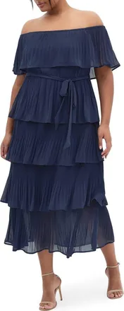 City Chic Night Garden Pleated Tiered Maxi Dress in Navy at Nordstrom, Size 26W