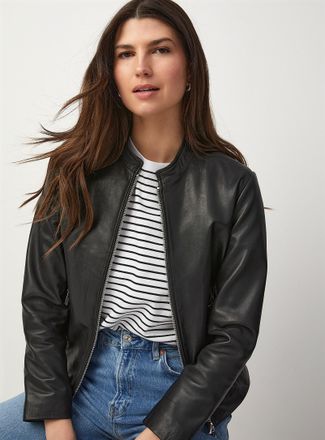 Contemporaine Womens Black leather crew-neck jacket