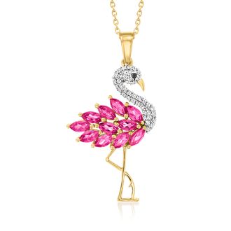 Ross-Simons Pink Topaz and. White Zircon Flamingo Pendant Necklace With Black Spinel Accent in 18kt Gold Over Sterling