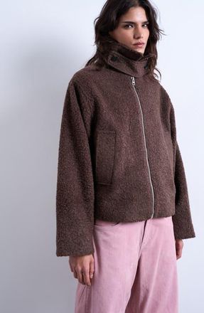 Topshop Tab Boucl&eacute; Bomber Jacket in Chocolate at Nordstrom, Size X-Small