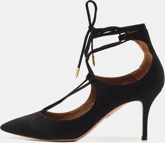 Aquazzura Black Suede Christy Pointed Toe Ankle Wrap Pumps